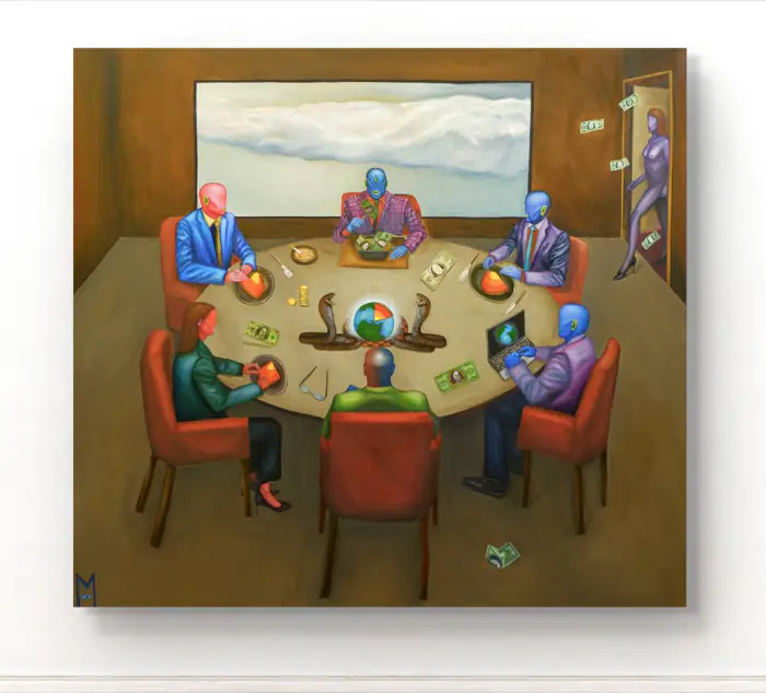 The Feast — 130 × 120 cm · Oil on canvas · 2026, painting by Valentyn Metyk