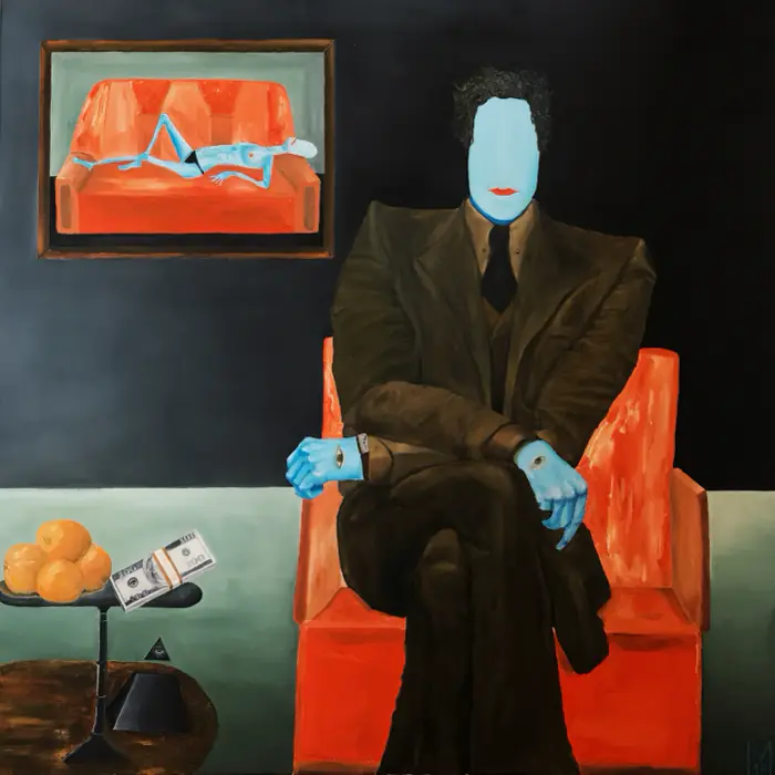 The Businessman — 100 × 100 cm · Oil on canvas · 2018, painting by Valentyn Metyk