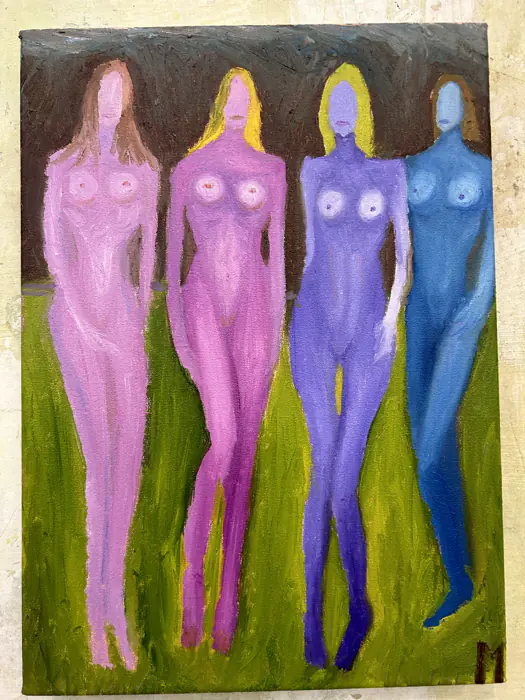 Girls on the Grass — 25 × 35 cm · Oil on canvas · 2025, painting by Valentyn Metyk