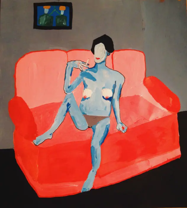 Girl on the Sofa — 110 × 125 cm · Oil on canvas · 2018, painting by Valentyn Metyk