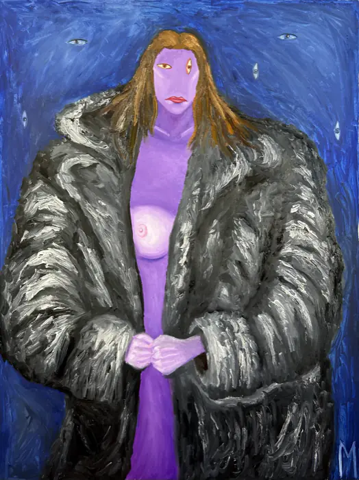 Girl in a Fur Coat — 90 × 120 cm · Oil on canvas · 2025, painting by Valentyn Metyk