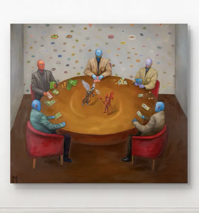 Money Not Accepted — 200 × 180 cm · Oil on canvas · 2026, painting by Valentyn Metyk