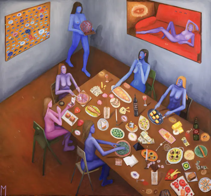 Weaknesses — 205 × 195 cm · Oil on canvas · 2025, painting by Valentyn Metyk