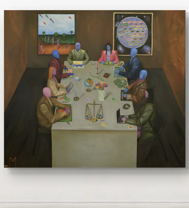 Shadow Diplomacy — 150 × 130 cm · Oil on canvas · 2026, painting by Valentyn Metyk